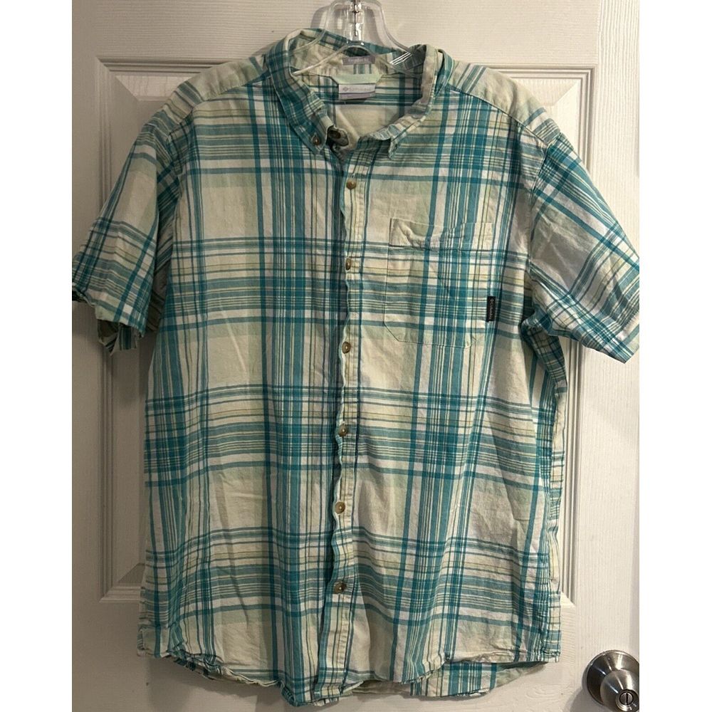Columbia Mens Large Bluish Green/White Plaid Short Sleeve Casual Button Up Shirt